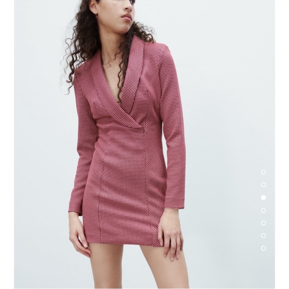 NWT Zara Pink Houndstooth Print Blazer Mini Dress Small